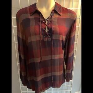 LANE BRYANT 26/28 4X Purple Blue Plaid Flannel Lace-Up Front Top Tunic